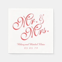 Coral Red Mr. en Mrs. Wedding Paper servetten