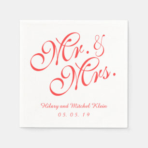 Coral Red Mr. en Mrs. Wedding Paper servetten