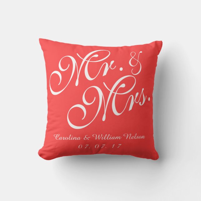 Coral Red Mr. en Mrs Wedding Pillow Kussen (Voorkant)