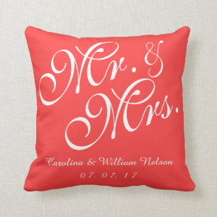 Coral Red Mr. en Mrs Wedding Pillow Kussen