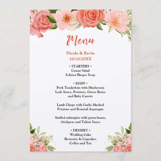Coral Red Roses with Foliage Menu (Voorkant)