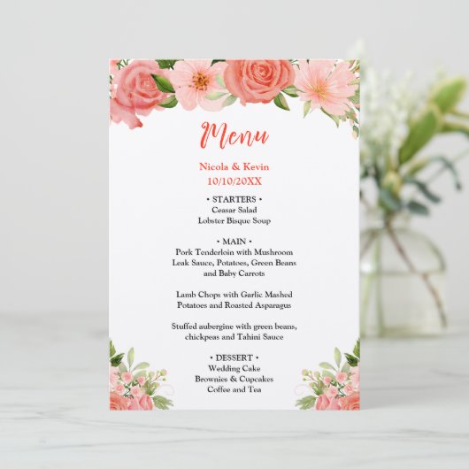 Coral Red Roses with Foliage Menu (Staand voorkant)