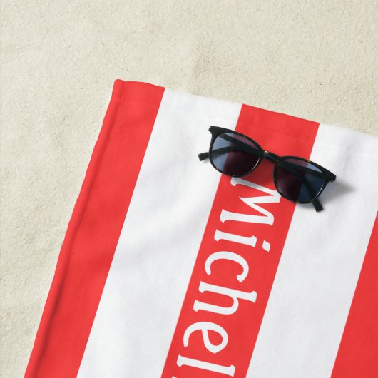 Coral Red White Cabana Stripes Strandlaken (In situ)