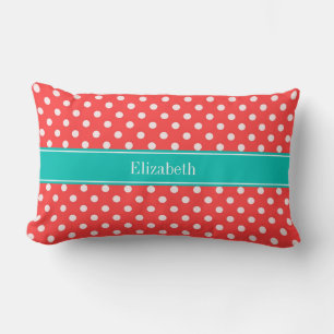 Coral Red, White Polka Dots Blauwgroen Name Monogr Kussen