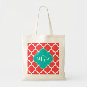 Coral Red WhMoroccan #5 Blauwgroen 3 Initiaal mono Tote Bag