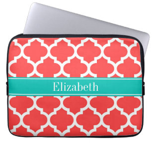 Coral Red WhMoroccan #5 Monogram Blauwgroen naam Laptop Sleeve