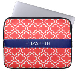 Coral Red Wht Moroccan #6 Navy Name Monogram Laptop Sleeve