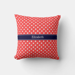 Coral Red, Wht Polka Dots Navy Blue Name Monogram Kussen