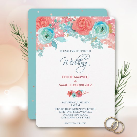 Coral rose et Aqua Floral Faire-part de mariage