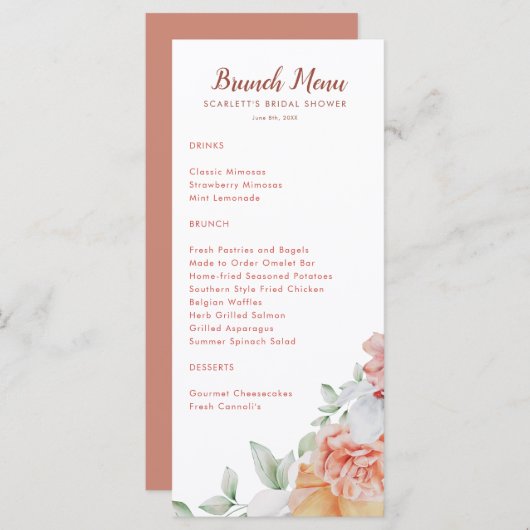Coral Rose Floral Bridal Brunch Menu Douche (Devant / Derrière)