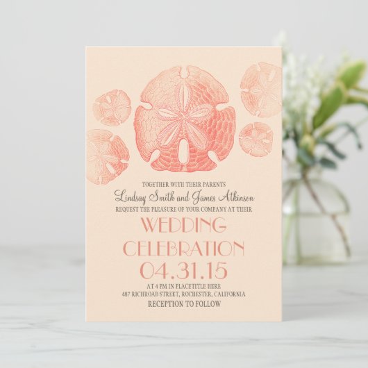 Coral rose sable dollars plage mariage invitations (Debout devant)