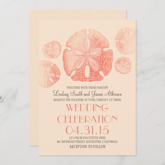 Coral rose sable dollars plage mariage invitations (Devant / Derrière)