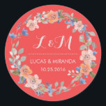 Coral Rouge Floral Wreath Wedding Favor Sticker<br><div class="desc">Vintage et rustique mariage à couronne florale merci sticker. Décoré avec des dessins aquarelles de fleurs, feuilles et baies. Monogramme autocollant pour les sceaux de mariage ou d'enveloppe faire-part de mariage. Customiser le libellé pour toute occasion spéciale. Bonsoir de printemps, étiquette de douche nuptiale, fête d'anniversaire, dîner fiançailles, baby shower...</div>