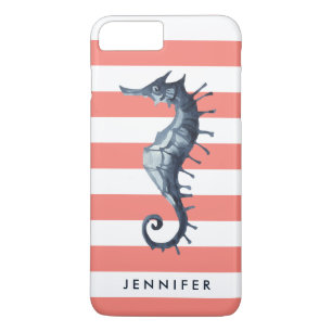 Coral roze Nautical Seahorse gepersonaliseerd mono iPhone 8 Plus / 7 Plus Hoesje