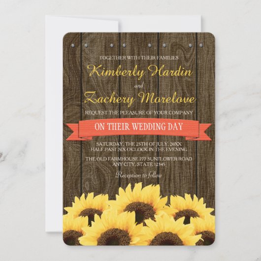 CORAL RUSTIC SUNFLOWER WEDDING INVITATION KAART (Voorkant)