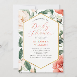 Coral Salmon Ivory Peonies Baby shower Uitnodiging