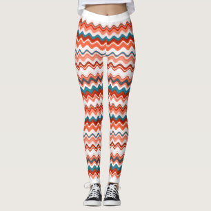 Coral Salmon Oranje Blue Wavy Zigzag Pattern Leggings