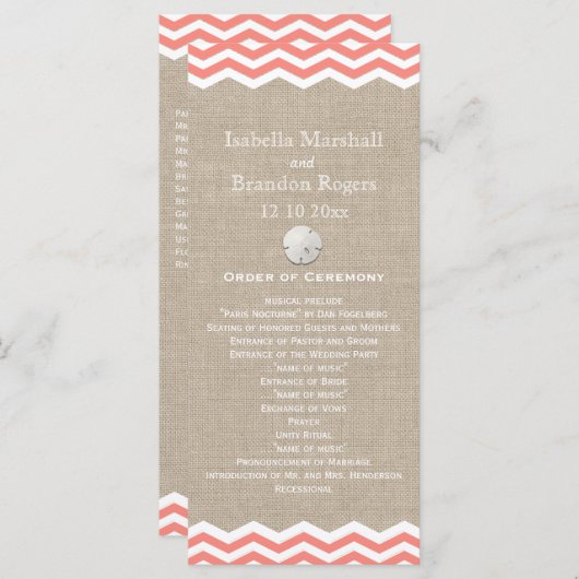 Coral Sand Dollar & Chevron Wedding Programme (Devant / Derrière)