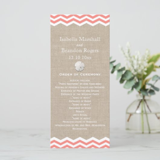 Coral Sand Dollar & Chevron Wedding Programme (Debout devant)