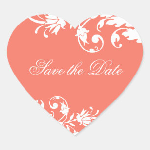 Coral Save the Date Heart Shaped Stickers