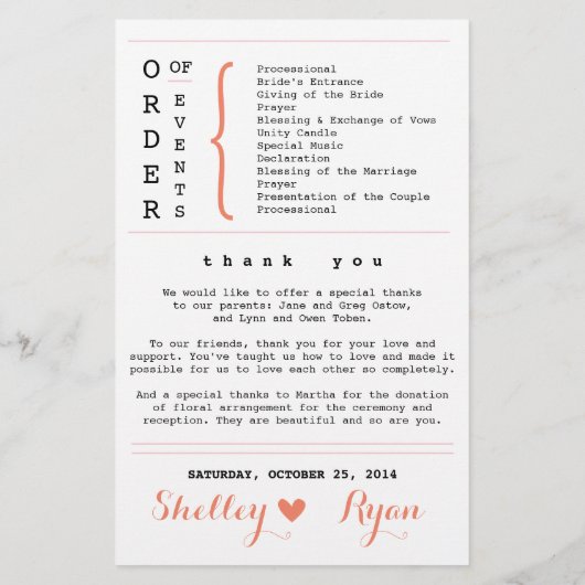 Coral Simple Heart Wedding Programme (Dos)