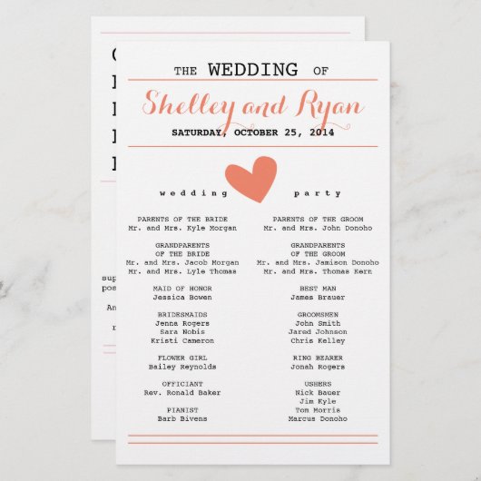 Coral Simple Heart Wedding Programme (Devant / Derrière)