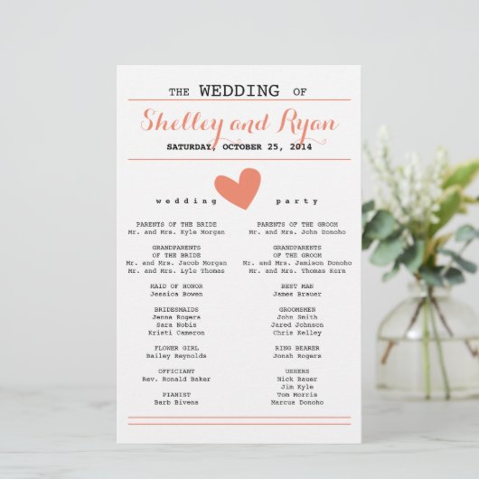 Coral Simple Heart Wedding Programme (Debout devant)