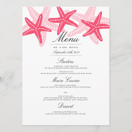 Coral Starfish Beach Wedding Dinner Menu (Voorkant)