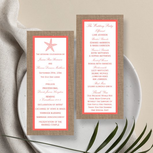 Coral Starfish Burlap Beach Wedding Programme