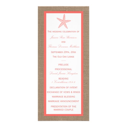 Coral Starfish Burlap Beach Wedding Programme (Devant)