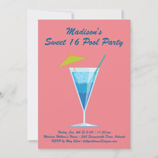 Coral Sweet 16 Pool Party Invitation Kaart (Voorkant)