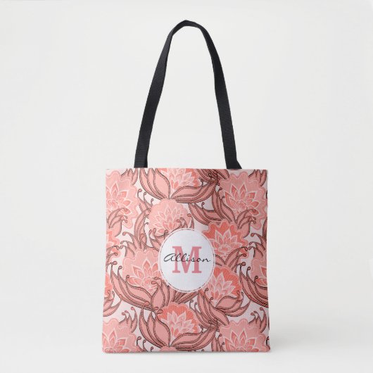 Coral Tropical Floral Pattern met Monogram Draagtas (Voorkant)