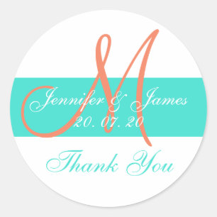 Coral Turquoise Moderne Mariage Stickers Merci