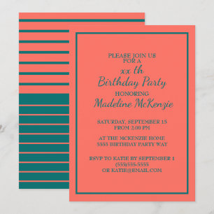 Coral Turquoise rayé Anniversaire Invitation de fê