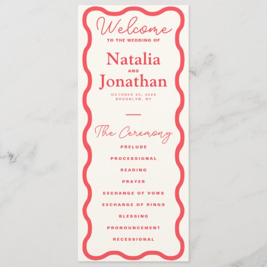 Coral Wavy Retro Wedding Programma (Voorkant)