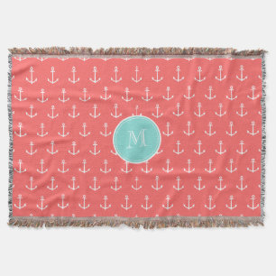 Coral White Anchors Pattern, Mint Green Monogram Deken
