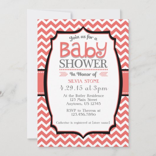 Coral White Chevron Baby shower Invitation (Devant)