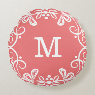 Coral White Custom Monogram Decoratief Rond Kussen