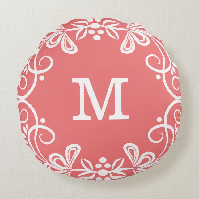 Coral White Custom Monogram Decoratief Rond Kussen (Voorkant)