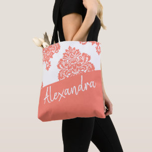 Coral White Damask Pattern Modern Personalized Draagtas
