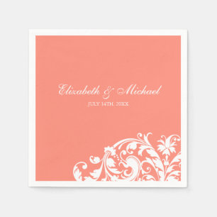 Coral White Flourish Swirl Gepersonaliseerde bruil Servetten