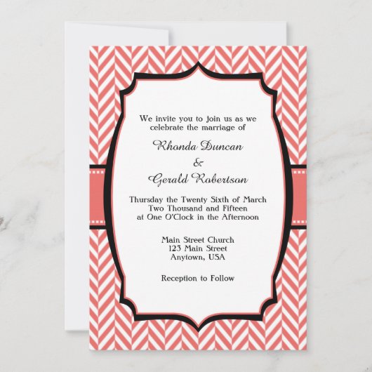 Coral White Herringbone Wedding Invitation Kaart (Voorkant)