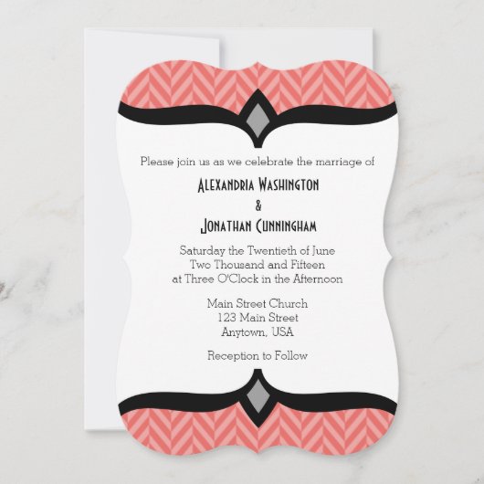 Coral White Herringbone Wedding Invitation Kaart (Voorkant)