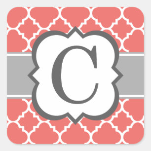 Coral White Monogram Letter C Quatrefoil Vierkante Sticker