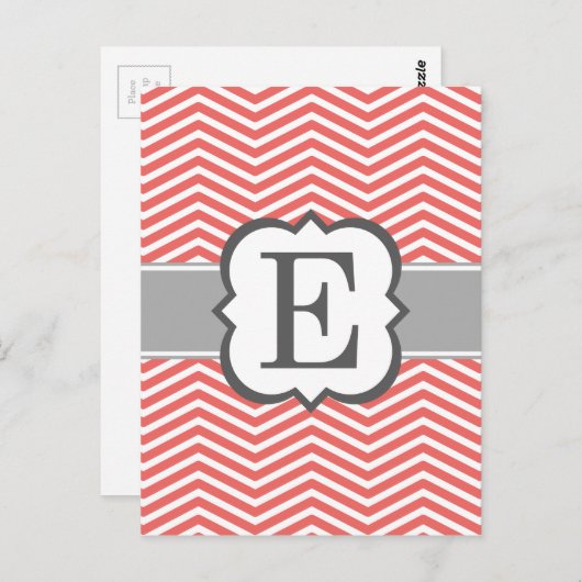 Coral White Monogram Letter E Chevron Briefkaart (Voorkant / Achterkant)