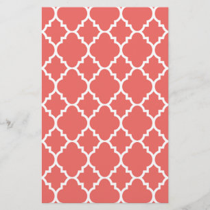 Coral White Quatrefoil Moroccan Pattern Briefpapier