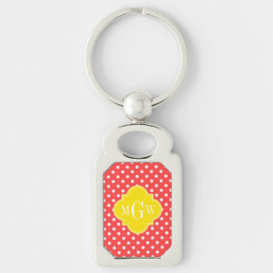 Coral Wht Polka Dots Yellow Quatrefoil 3 Monogram Sleutelhanger