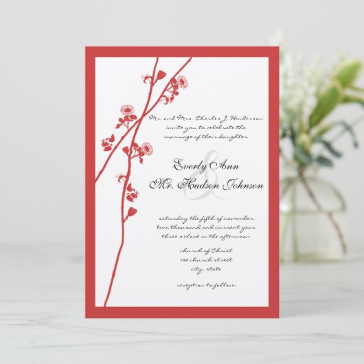 Coral Wild Flower Branch Wedding Invitation Kaart (Staand voorkant)