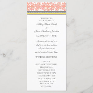 Coral Yellow Grey Damask Wedding Program Programma