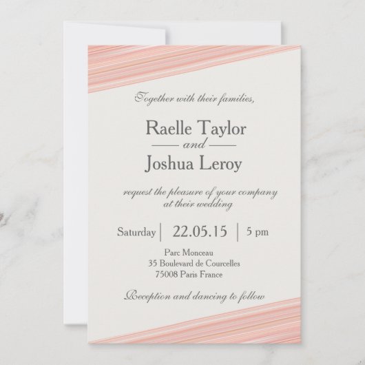 Corale perziken strepen witte grijze trouwuitnodig kaart (Voorkant)